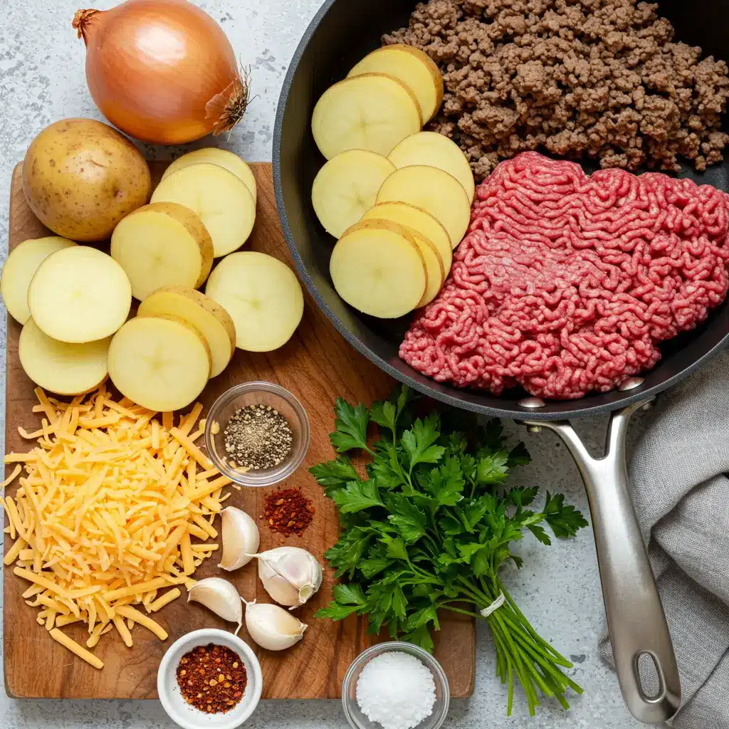 Hobo Casserole Ground Beef Recipe ingredients laid out