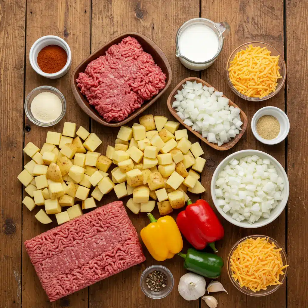 Ingredients for heartwarming hobo casserole with ground beef & potatoes