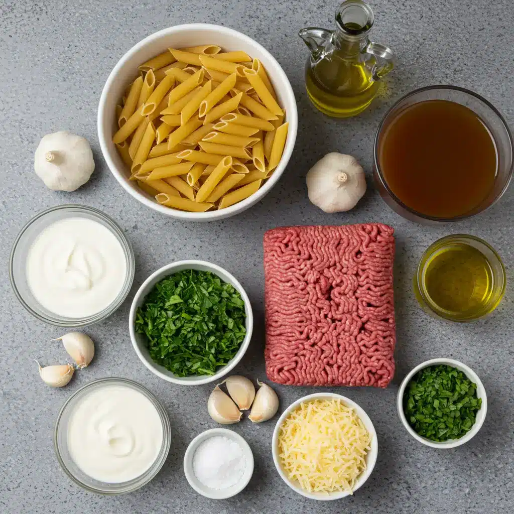 Ingredients for Cheesy Penne with Garlic Butter Ground Beef