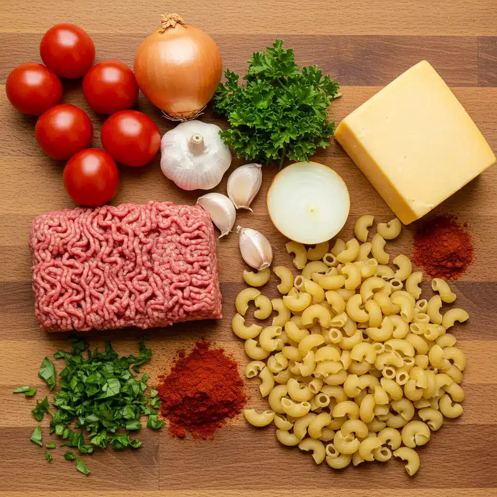 Ingredients for Creamy Beef Goulash with Elbow Macaroni and Cheddar