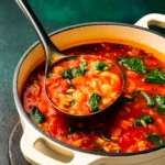 Italian Orzo Spinach Soup served in rustic bowl