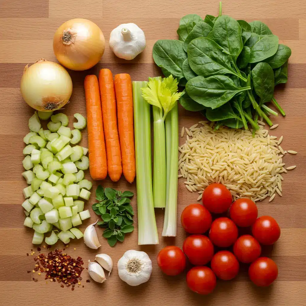 Italian Orzo Spinach Soup ingredients flat lay