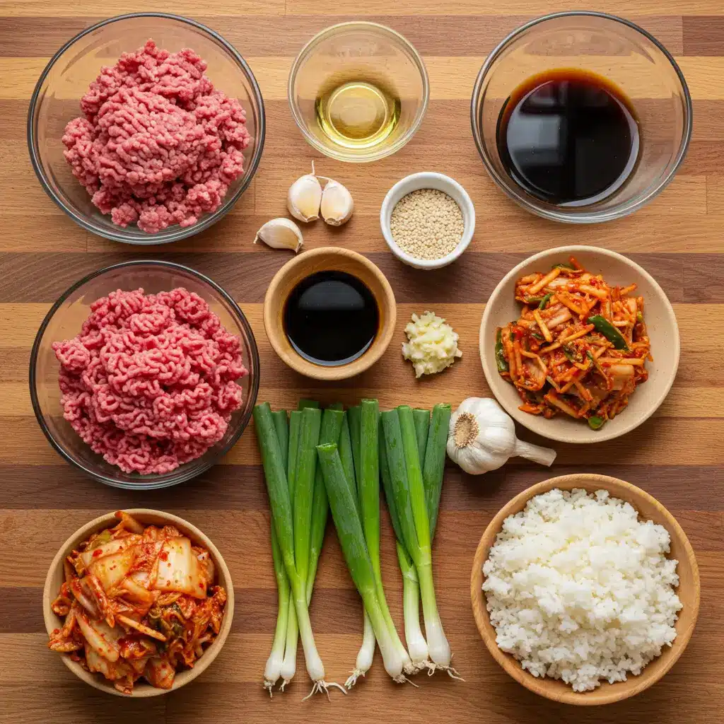 Korean Ground Beef Bowl ingredients on table