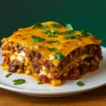 Layered Burrito Casserole baked with cheese and cilantro