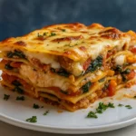 Loaded Veggie White Lasagna baked golden in dish