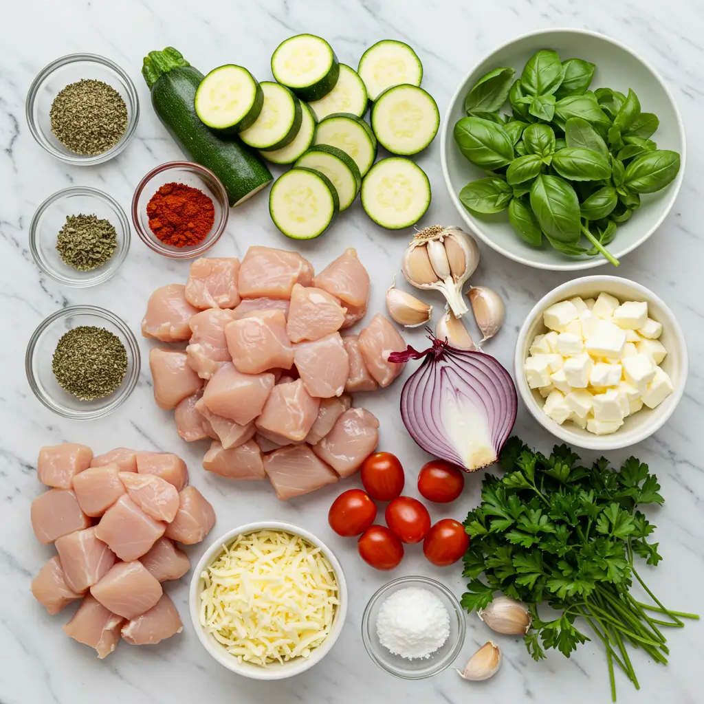 Mediterranean Chicken Zucchini Bake ingredients flat lay