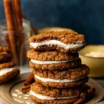 Homemade oatmeal cream pies stacked on a wooden table
