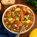 Olive Garden Vegetable Soup in a bowl with breadsticks