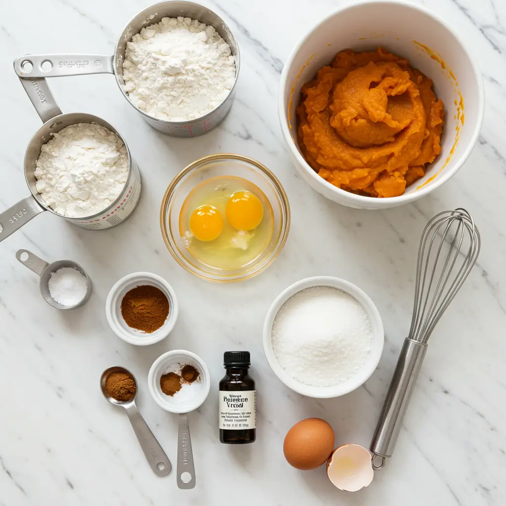 Pumpkin bread ingredients flat lay on marble counter with natural light