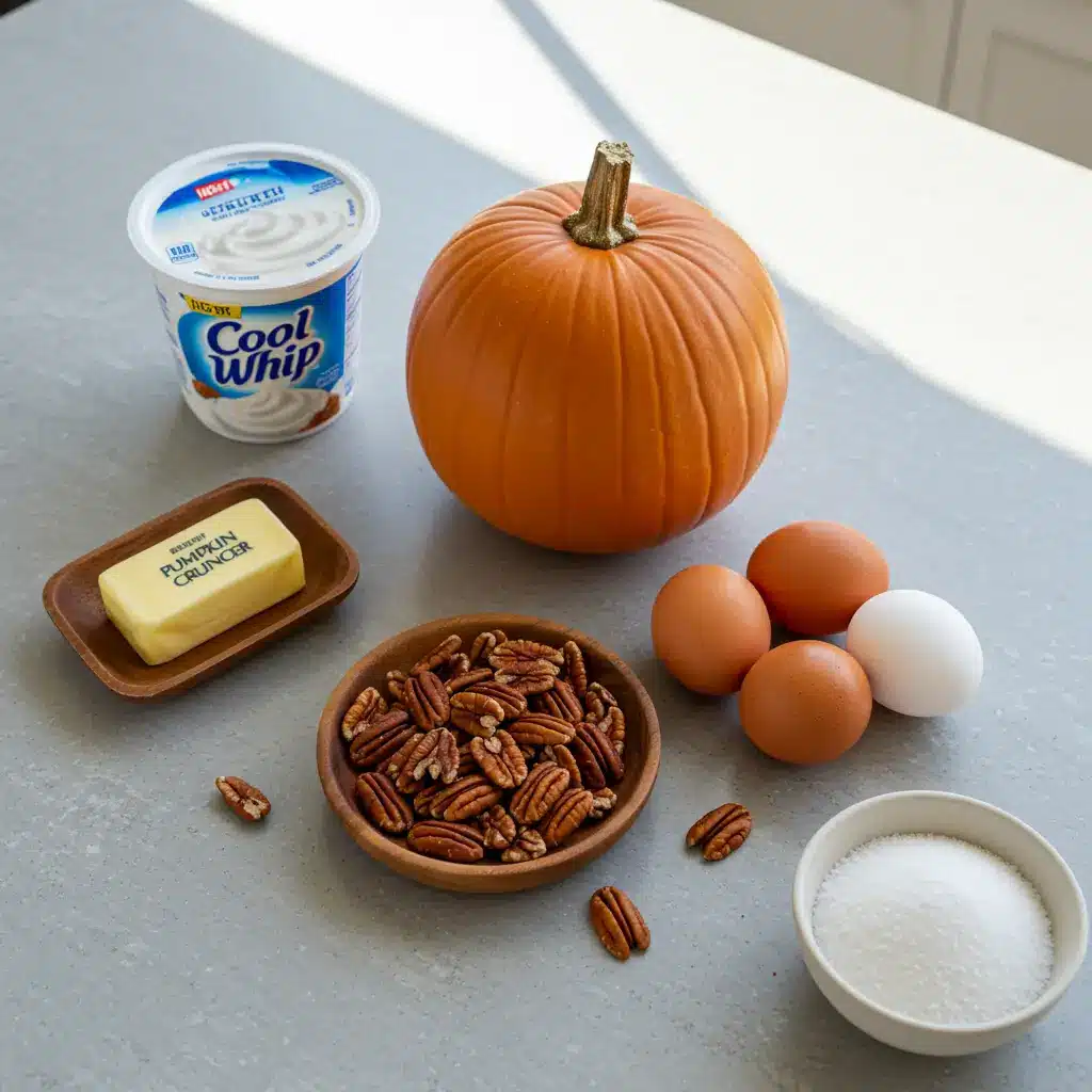 Pumpkin Crunch Cake ingredients flat lay