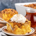 Pumpkin French Toast Casserole baked with streusel topping