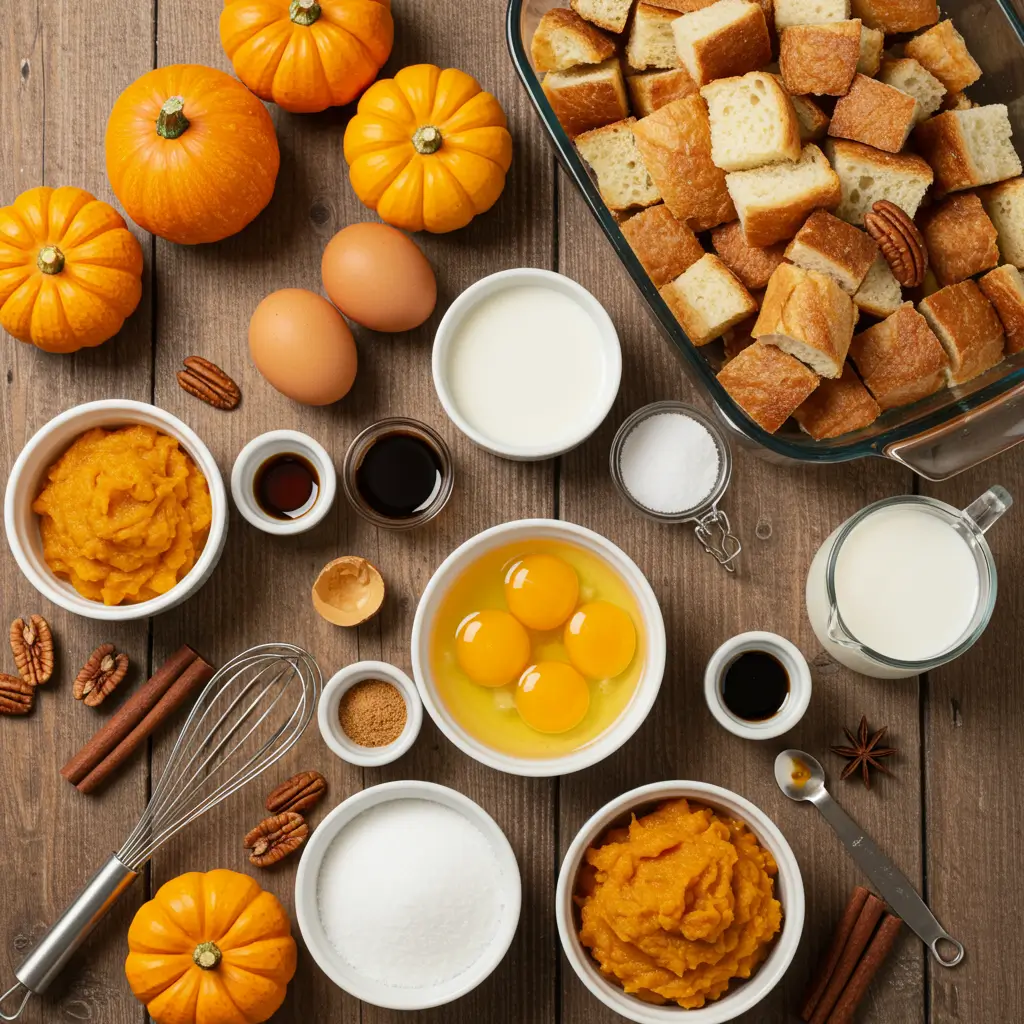 Pumpkin French Toast Casserole ingredients on wooden table