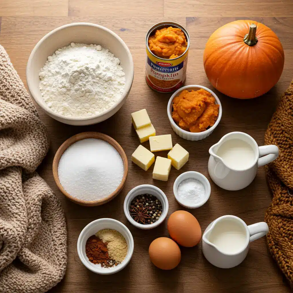 Pumpkin scone ingredients laid out on kitchen counter