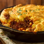 Skillet Chili Cornbread Pot Pie in cast iron skillet