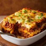 Sloppy Joe Casserole baked with biscuits and cheese