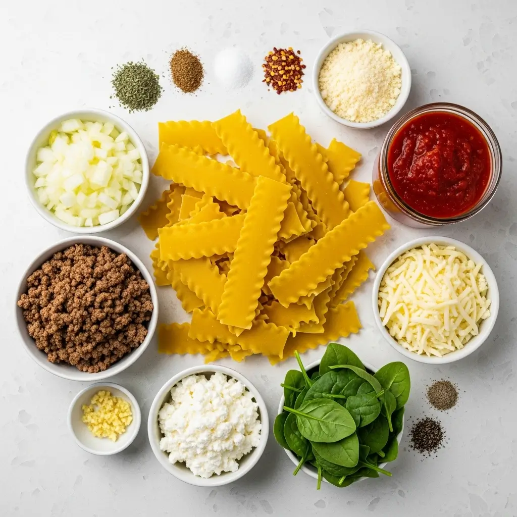 TikTok Lasagna Soup ingredients flat lay