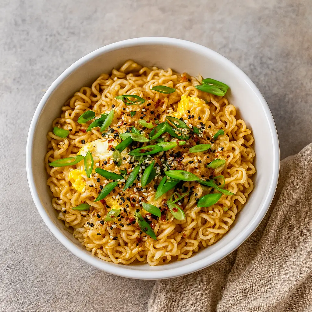 TikTok Ramen Recipe with egg, green onions, and everything bagel seasoning in a white bowl