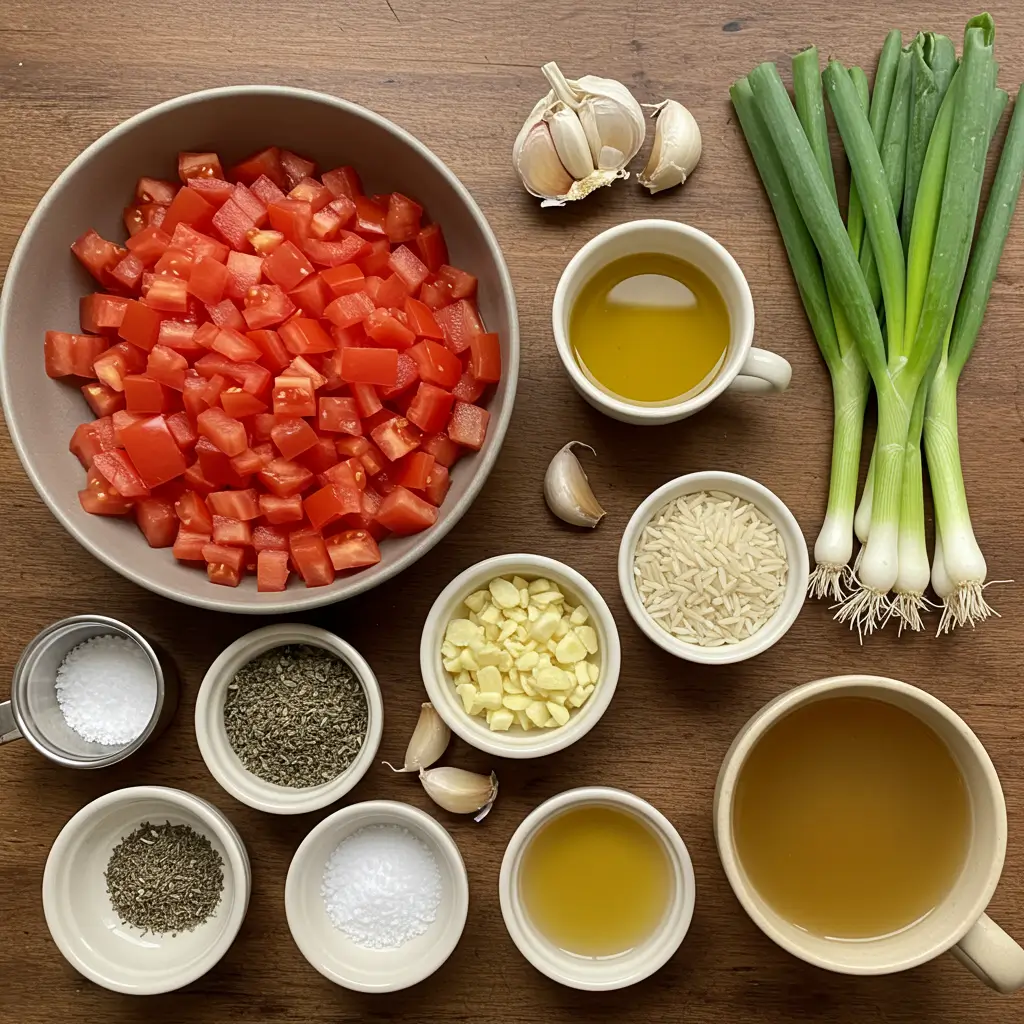 Tomato Rice Soup ingredients on wooden table