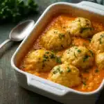Tomato Soup with Cheddar Bay Dumplings in a bowl