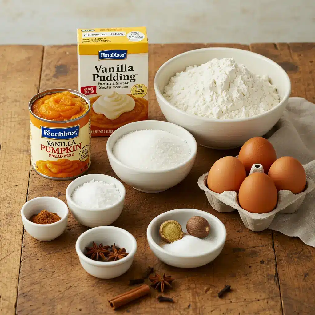 vanilla pudding pumpkin bread ingredients flat lay
