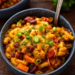 Vegetarian Chili Mac in pot on rustic table