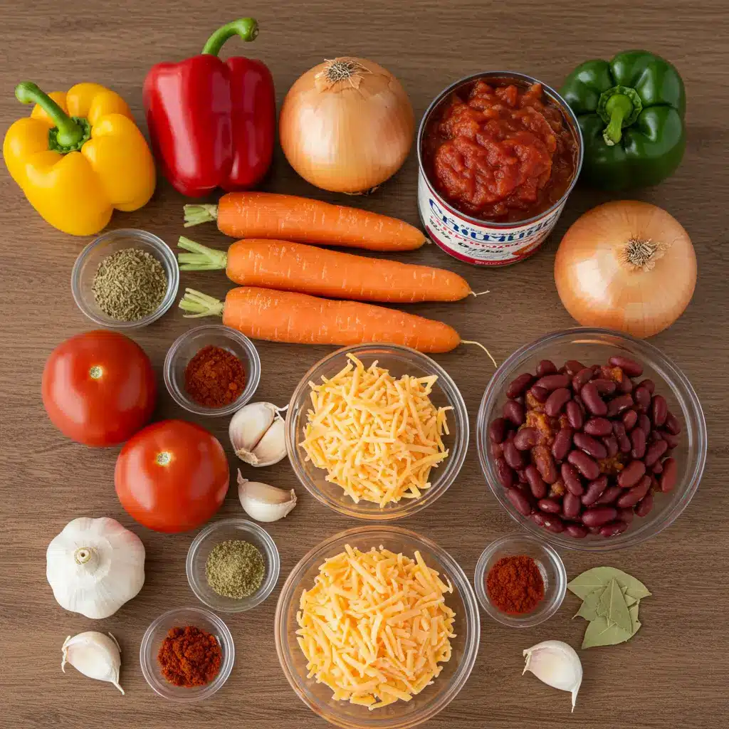 Vegetarian Chili Mac ingredients on rustic table