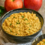 White Cheddar Apple Chicken Chili served in a rustic bowl