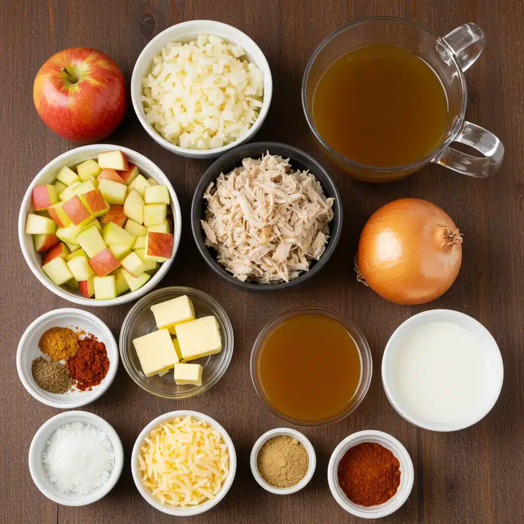 Ingredients for White Cheddar Apple Chicken Chili on wooden table