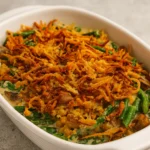 50 Minute Easy Green Bean Casserole served hot with crispy topping