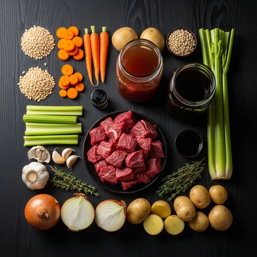 Instant Pot Beef & Barley Soup ingredients flat lay
