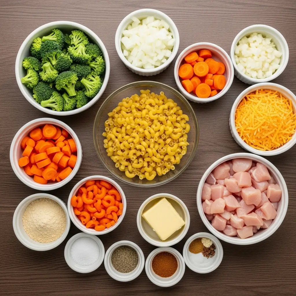 Ingredients for Broccoli Cheddar Chicken and Noodle Casserole