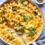 Broccoli Cheddar Chicken and Noodle Casserole baked with cheese