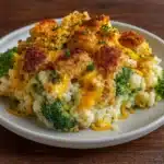 Broccoli Rice Cheese Chicken Casserole hot from oven