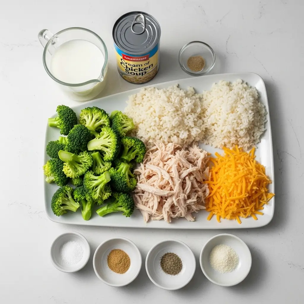 Ingredients for Broccoli Rice Cheese Chicken Casserole
