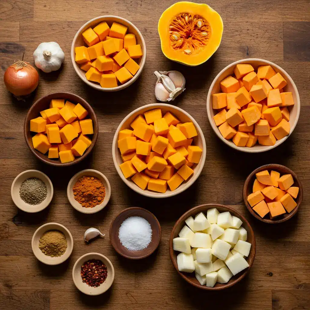 Butternut Squash and Sweet Potato Soup ingredients on wooden table