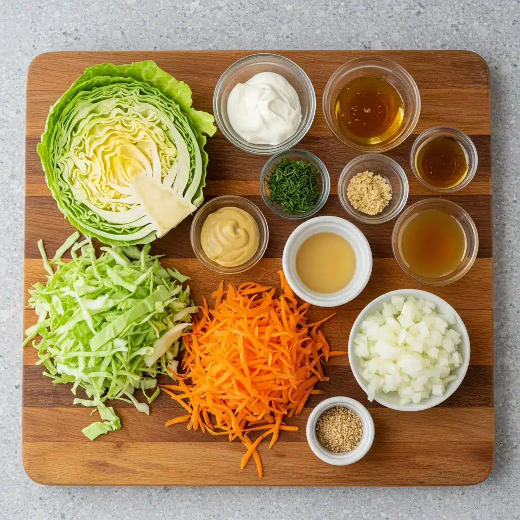 Ingredients for easy cabbage and carrot salad on cutting board