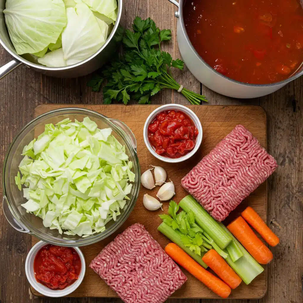 cabbage roll soup ingredients on rustic counter