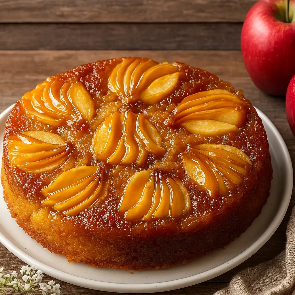 Caramel Apple Upside Down Cake with caramel drizzle