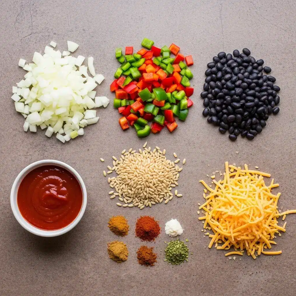 Ingredients for Cheesy Rice and Black Bean Enchilada Soup