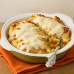 Cheesy Mozzarella Chicken Bake in a rustic baking dish