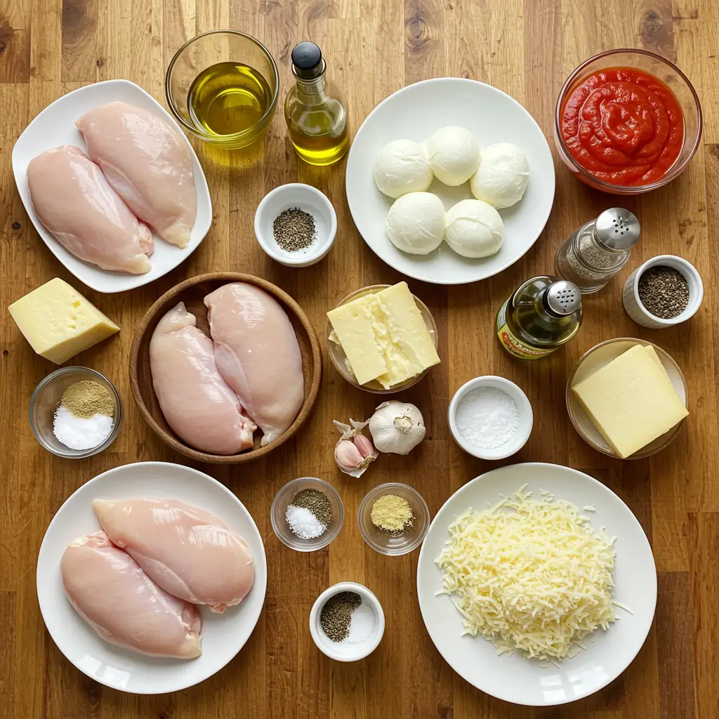 Cheesy Mozzarella Chicken Bake ingredients on wooden board