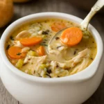 chicken and rice soup in a bowl with bread
