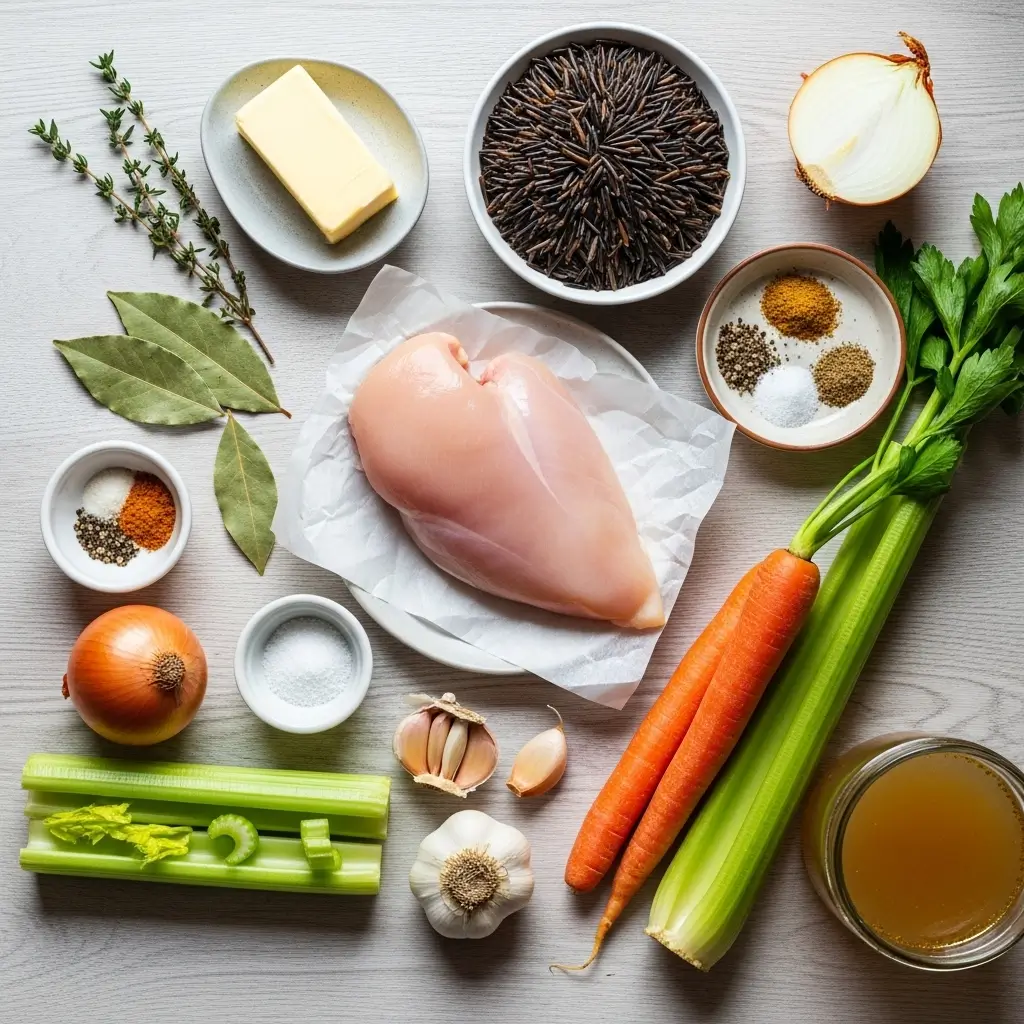 chicken and rice soup ingredients laid out