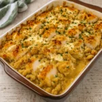 Chicken & Stuffing Bake in casserole dish with golden topping