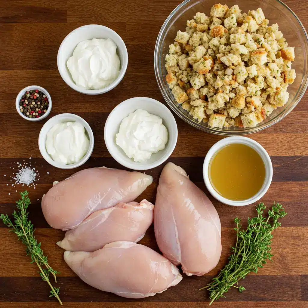 Ingredients for Chicken & Stuffing Bake arranged on kitchen counter