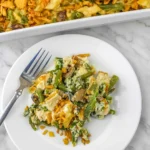 Chicken Green Bean Casserole topped with crispy fried onions