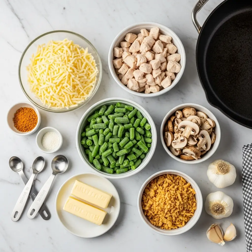 Chicken Green Bean Casserole ingredients on countertop