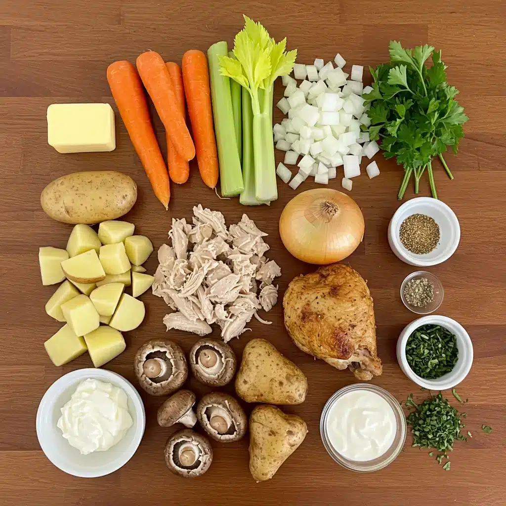 Chicken Pot Pie Soup ingredients flat lay