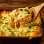 Chicken Taco Casserole in a white dish topped with cheese and chips