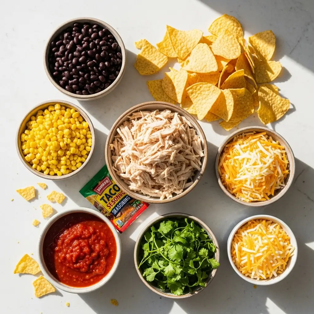 Chicken Taco Casserole ingredients laid out on a kitchen counter